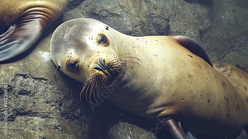  Seals lay on adjacent rocks together