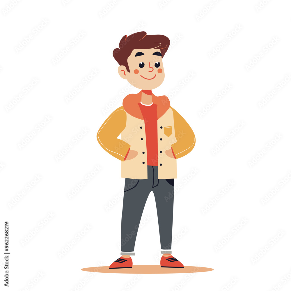 A young man is standing in a yellow and orange jacket. He is smiling and looking at the camera A young man is standing in a yellow and orange jacket. He is smiling and looking at the camera