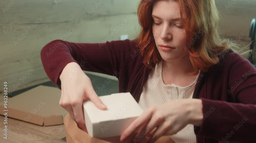 Young hungry Caucasian woman buyer girl client female customer shopper taking out order box from package open paper bag unboxing unpacking fast food shopping purchase delivery service indoors kitchen Young hungry Caucasian woman buyer girl client female customer shopper taking out order box from package open paper bag unboxing unpacking fast food shopping purchase delivery service indoors kitchen