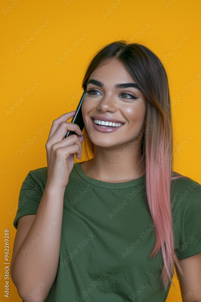 Fototapeta premium A woman is talking on a cell phone while smiling