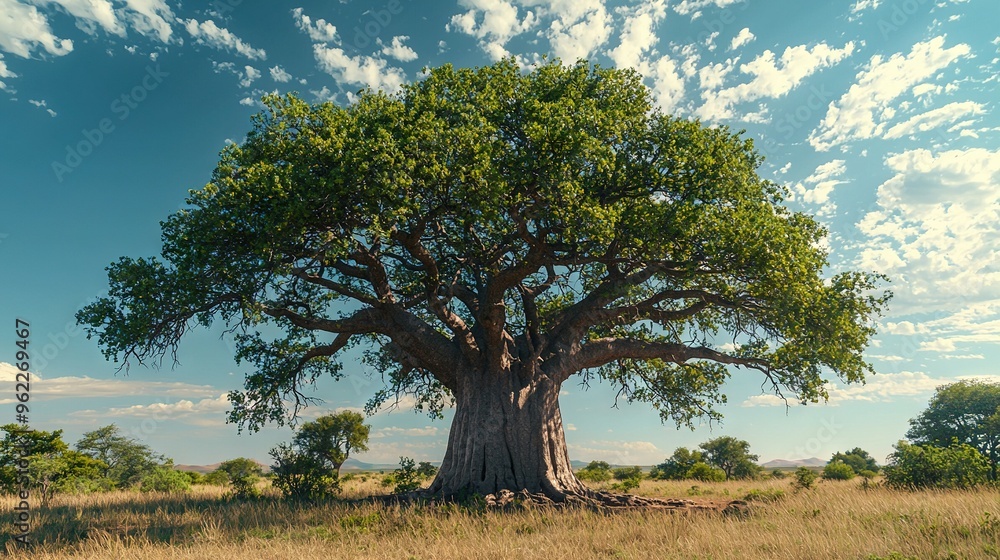A majestic tree stands tall in the heart of a lush green meadow beneath a clear cerulean sky adorned with fluffy white clouds A majestic tree stands tall in the heart of a lush green meadow beneath a clear cerulean sky adorned with fluffy white clouds