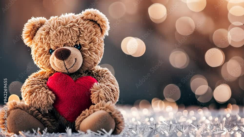 A cute teddy bear holds a red heart surrounded by shimmering lights in a cozy setting during the evening A cute teddy bear holds a red heart surrounded by shimmering lights in a cozy setting during the evening
