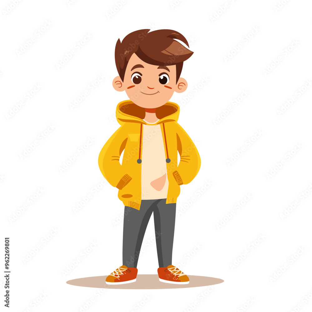 A young boy is wearing a yellow hoodie and standing with his arms crossed. He has a smile on his face and he is happy A young boy is wearing a yellow hoodie and standing with his arms crossed. He has a smile on his face and he is happy