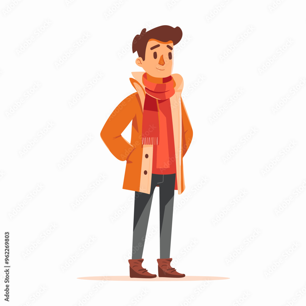 A man in a red coat and scarf stands with his arms crossed. He has a smile on his face A man in a red coat and scarf stands with his arms crossed. He has a smile on his face