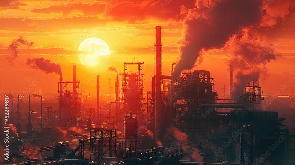 Obraz premium A city skyline with a large, orange sun in the background. The sun is setting and the sky is filled with smoke from a nearby factory