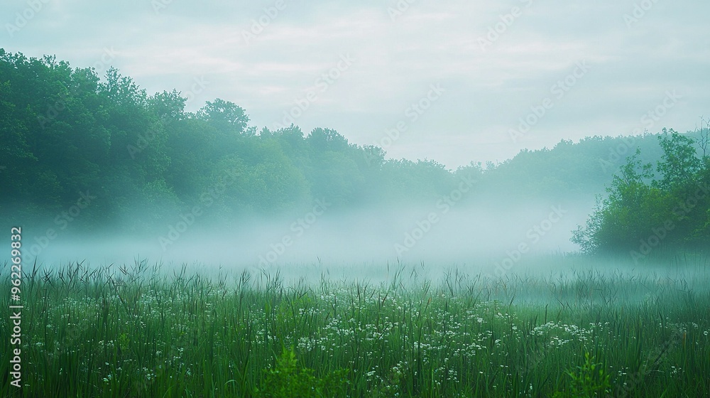 A field shrouded in fog, tall blades of grass swaying softly, trees looming majestically beyond A field shrouded in fog, tall blades of grass swaying softly, trees looming majestically beyond