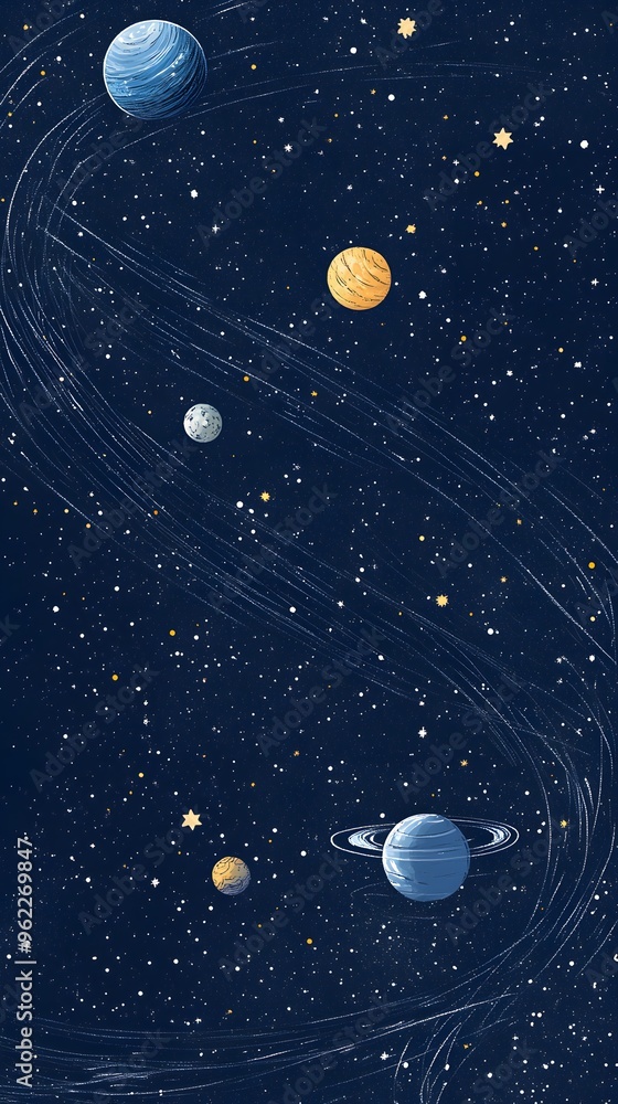 Fototapeta premium Dark Sky, Planets, Space, Abstract Image, Texture, Background for, Wallpaper, Cover and Screen of Smartphone, PC, Laptop, 9:16 and 16:9 Format