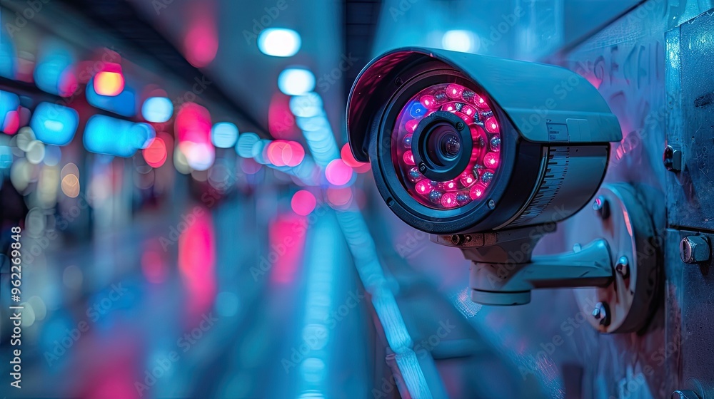 A camera with a red light is mounted on a wall. The camera is in a public place, possibly a train station. The red light on the camera is glowing, which gives the impression of a busy A camera with a red light is mounted on a wall. The camera is in a public place, possibly a train station. The red light on the camera is glowing, which gives the impression of a busy