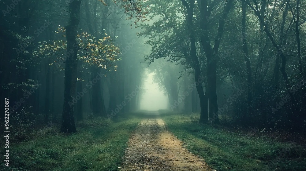 A dirt path surrounded by tall trees in a dense forest, with a hazy sky overhead A dirt path surrounded by tall trees in a dense forest, with a hazy sky overhead