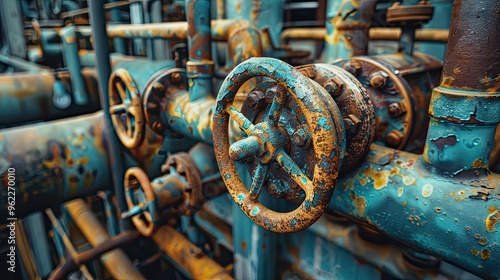 A rusty valve with a blue knob sits on a pipe. The valve is old and worn, and the knob is chipped and rusted. Concept of decay and neglect, as the valve