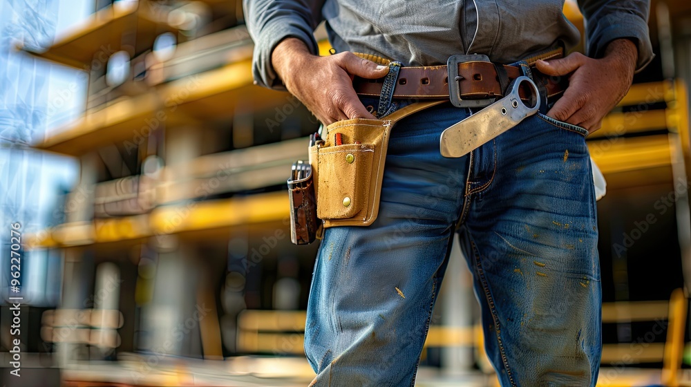 A man wearing a belt with a pocket on it is standing in front of a building. The belt has a pocket that is holding a pair of scissors A man wearing a belt with a pocket on it is standing in front of a building. The belt has a pocket that is holding a pair of scissors