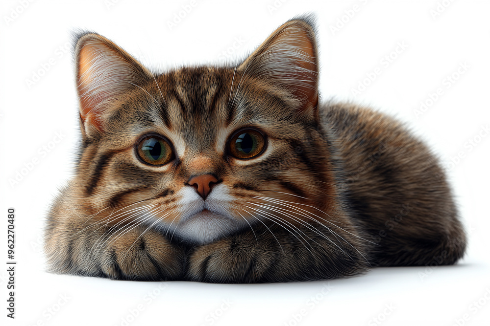 Fototapeta premium Beautiful cat relaxing calmly on a plain isolated background. Ideal for showcasing serenity, pet relaxation, and peaceful moments. Perfect for cat-themed designs and content