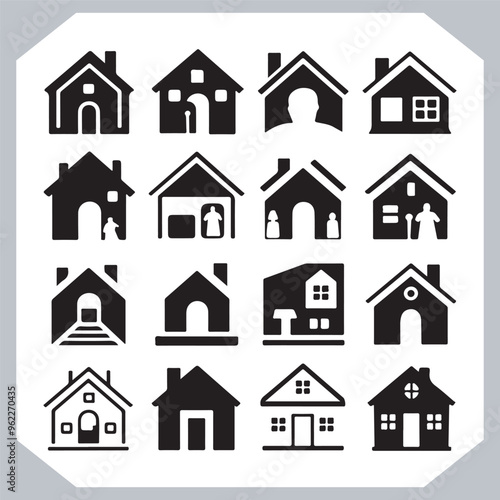 Black silhouettes of houses and cottages, home property logo set package, home button, residential building, country cottage, apartment vector illustrations.