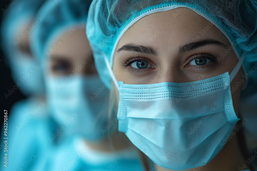 Female medical professional in scrubs, hairnet, and facemask, preparing for surgery with focused diligence. Colleagues are seen in the background, readying the operating room. Ideal for medical. Female medical professional in scrubs, hairnet, and facemask, preparing for surgery with focused diligence. Colleagues are seen in the background, readying the operating room. Ideal for medical.