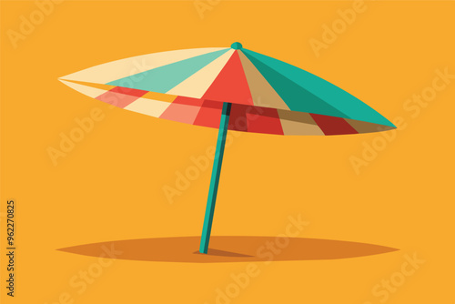 Striped Beach Umbrella with Yellow Background, Summer Vacation Illustration