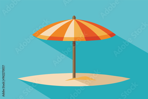 Striped Beach Umbrella with Yellow Background, Summer Vacation Illustration