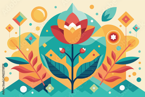Abstract flower art with geometric shapes and bright colors, nature inspired illustration