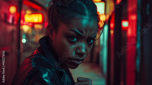  Young Woman with Intense Stare in Neon-Lit Urban Alley at Night