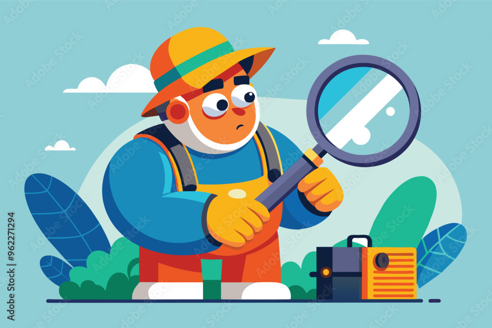 Cartoon detective with magnifying glass searching for clues in colorful flat design style Cartoon detective with magnifying glass searching for clues in colorful flat design style
