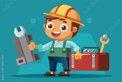 Happy young boy mechanic holding a wrench and a toolbox. Cartoon illustration.