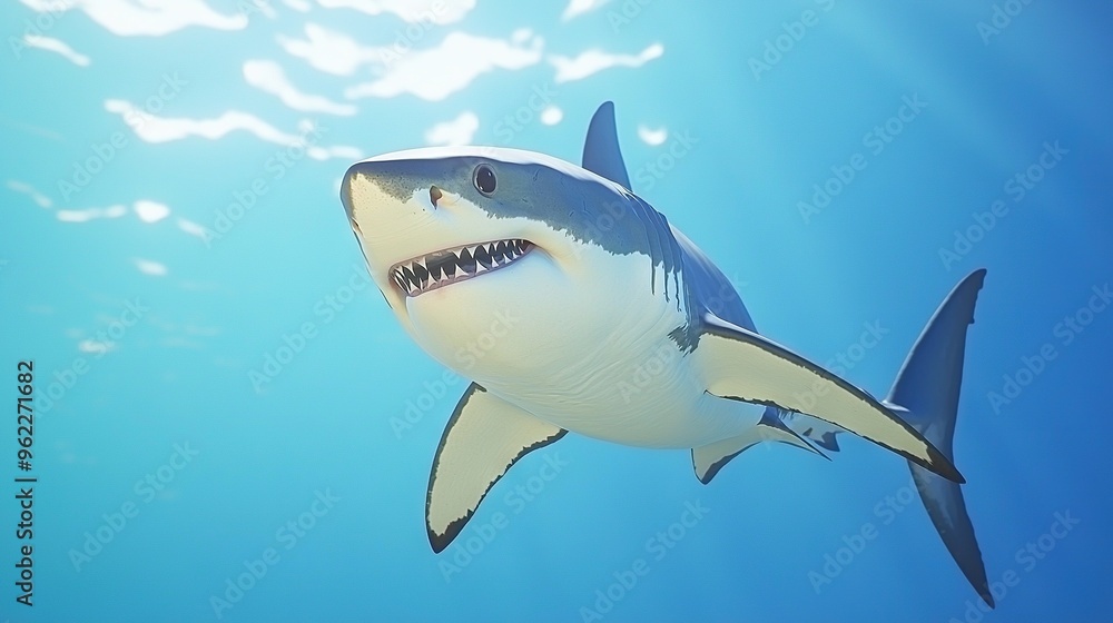 A close-up of a shark in the water, illuminated by the sun shining on its back A close-up of a shark in the water, illuminated by the sun shining on its back