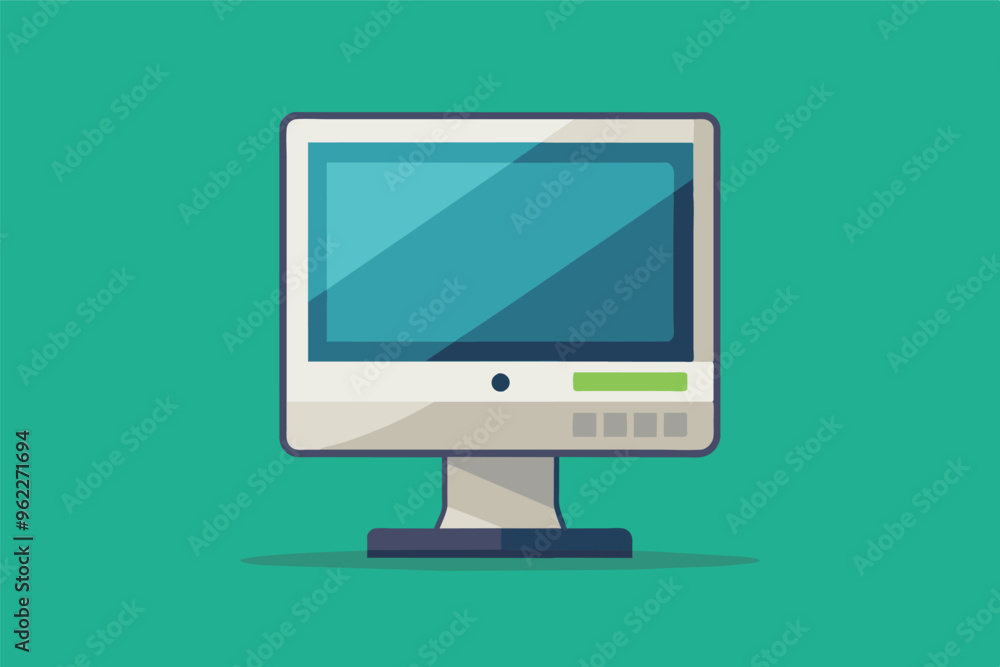 Simple illustration of a white desktop computer monitor with a blue screen against a green background Simple illustration of a white desktop computer monitor with a blue screen against a green background