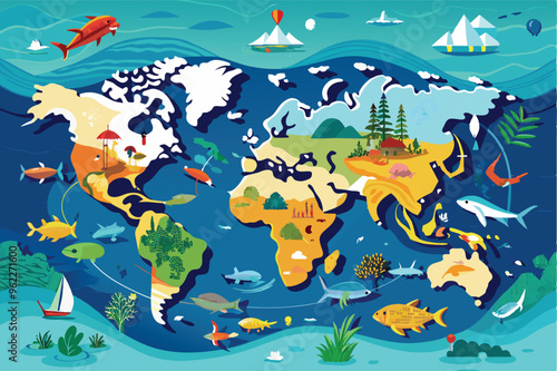 Colorful Cartoon World Map Illustration with Different Animals and Biomes