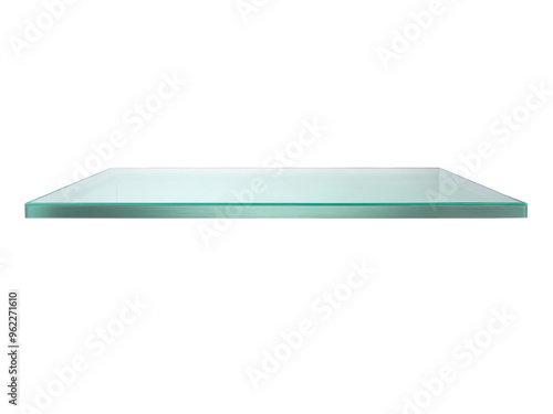 Minimalist transparent glass shelf with a sleek, modern design, perfect for contemporary interior decor and storage solutions. Isolated on transparent background, png.