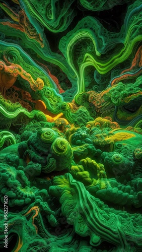 A green background with the yellow abstract psychedelic background texture Swirl wave element. 