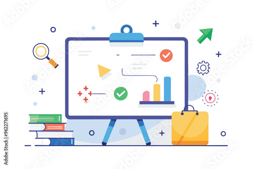 Business Strategy and Growth Concept with Whiteboard, Books, and Shopping Bag