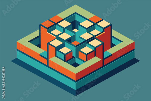 Abstract Geometric Design with Interlocking Cubes and Layers in Blue, Green, and Orange