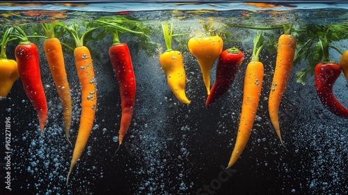 Close-up photo of vibrant orange carrots underwater with bubbles, conveying freshness and food prepa photo