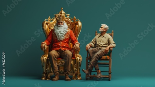 A humorous scene depicting a bearded king in regal attire sitting on an ornate golden throne beside a casually dressed elderly man on a simple wooden chair. The vibrant colors and contrasting statuses photo