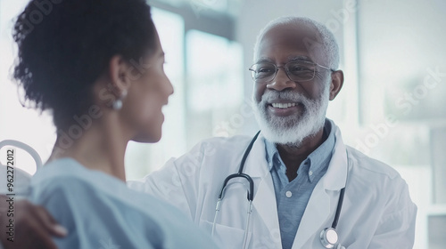 Caring Nurse Helping an American Senior Man in His Recovery Process at a Medical Clinic. photo