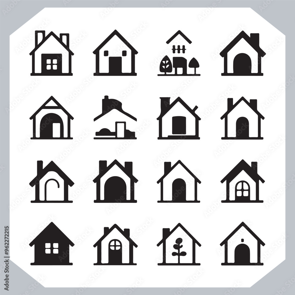 Fototapeta premium Black silhouettes of houses and cottages, home property logo set package, home button, residential building, country cottage, apartment vector illustrations.