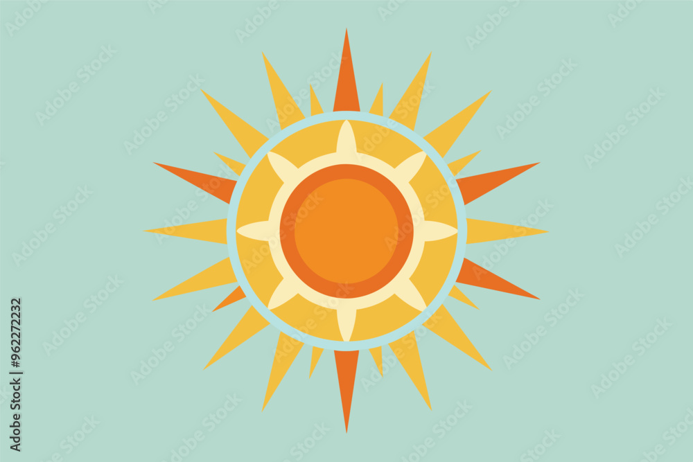 Cartoon Sun Illustration, Bright Yellow Orange Rays on Blue Background Cartoon Sun Illustration, Bright Yellow Orange Rays on Blue Background
