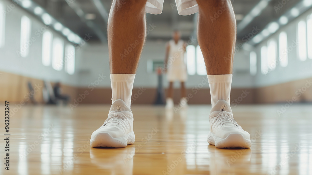 Naklejka premium Athletic Preparation: Young Player Engaged in Leg Stretching During a Basketball Training Session. photo