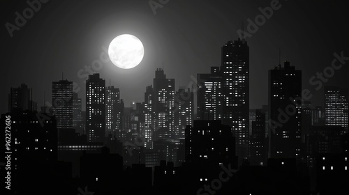 black and white city skyline under full moon photo