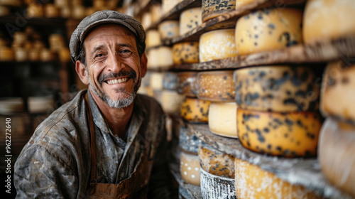 Wallpaper Mural Man cheesemaker in the cellar, beautiful wooden shelves with a ready cheese circles, ripening. Torontodigital.ca