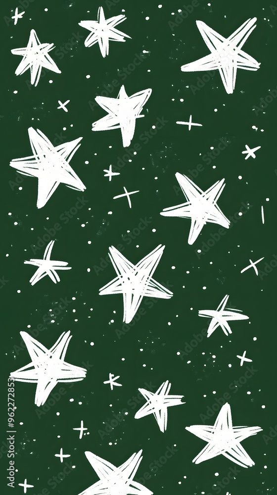 Fototapeta premium White Stars on Green Background, Abstract Image, Texture, Pattern, Wallpaper, Cover and Screen for Smartphone, PC, Laptop, 9:16 and 16:9 Format