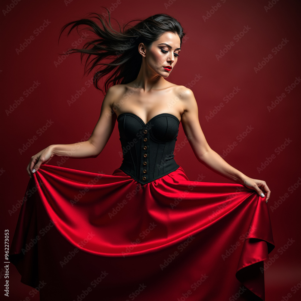 Beautiful female dancer in a red and black costume, isolated on a red background. Beautiful female dancer in a red and black costume, isolated on a red background.