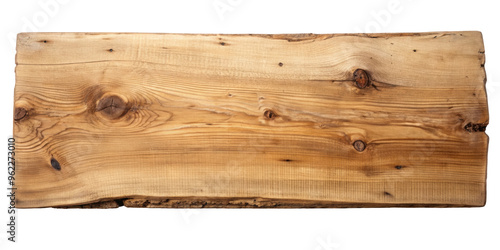 Rustic wooden plank featuring a natural wood grain and visible knots, ideal for use in design projects requiring organic or natural textures. Isolated on transparent background, png.