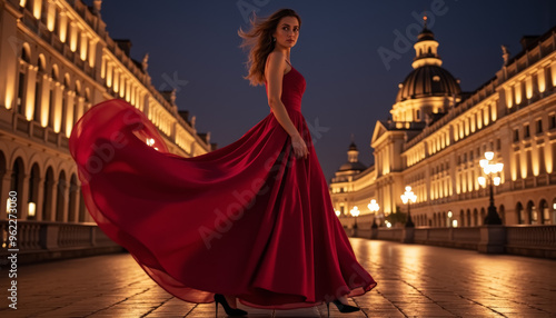 Beautiful woman in a long red dress walking in stiletto heels through a European city at night.