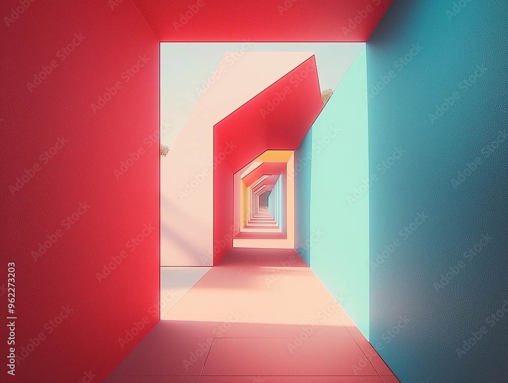 Obraz premium Digital artwork of a bold modern corridor with red and turquoise geometric designs.