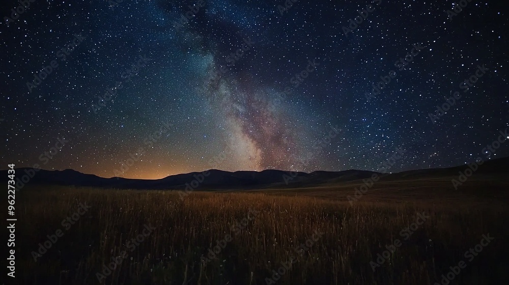 The sky glimmers with stars as the Milky Way illuminates above the majestic mountains and lush grass below The sky glimmers with stars as the Milky Way illuminates above the majestic mountains and lush grass below