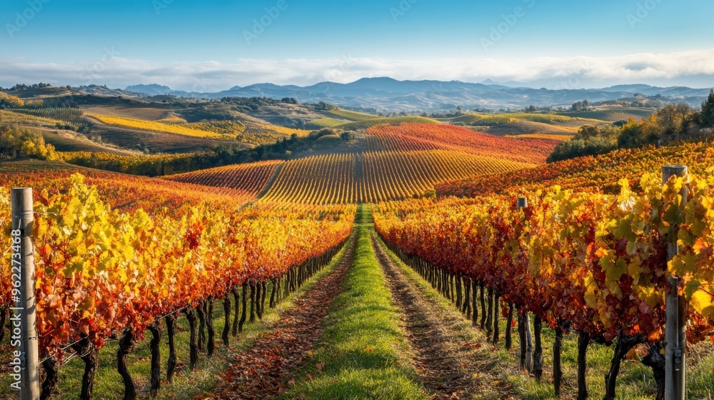 A picturesque autumn vineyard with rows of grapevines displaying golden and crimson leaves A picturesque autumn vineyard with rows of grapevines displaying golden and crimson leaves