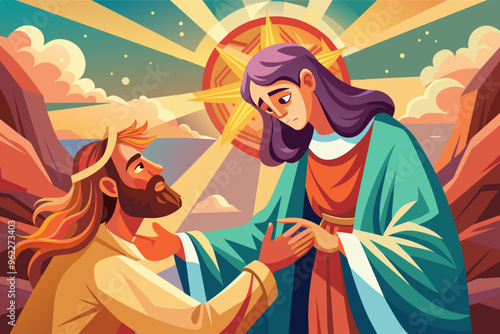 Jesus and Mary in a biblical scene with a halo over Mary, in a flat cartoon style.