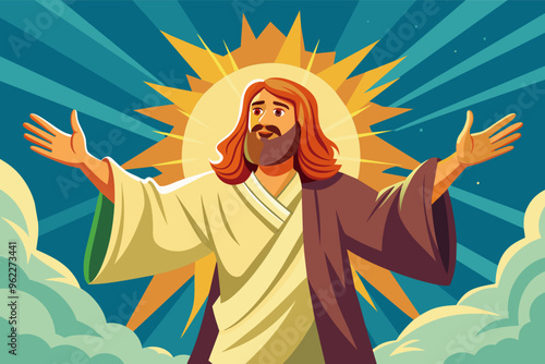 Jesus Christ standing in a river with arms outstretched and a halo, surrounded by mountains, clouds, and a sun in the sky