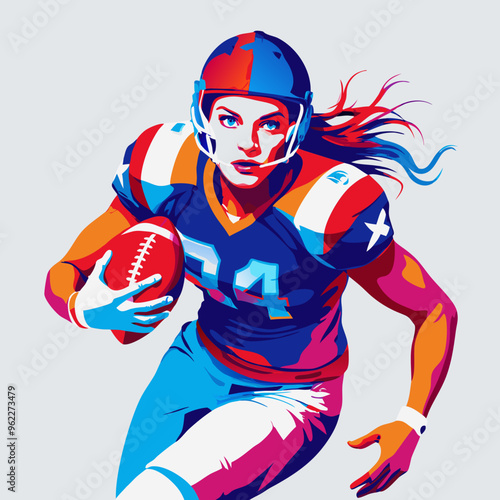 Powerful female football player sprinting with determination and strength on a simple background