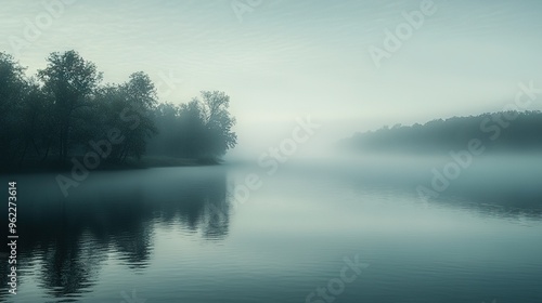  Water surrounded by trees on a foggy day with a boat in front